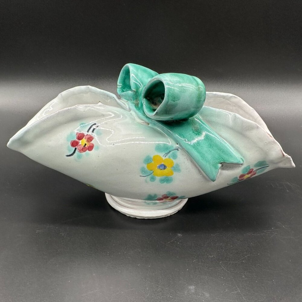 Vintage Italian Pottery Basket Dish Hand Painted Bow Flowers Cottagecore Floral - Picture 4 of 10